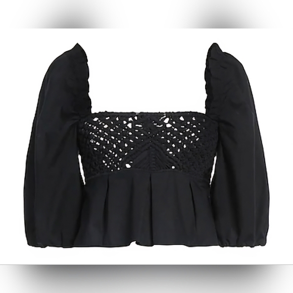 PINKO CROP Black Peplum Top Puffed Sleeve Darts Woven Square Size 2 170/80A - Picture 3 of 12